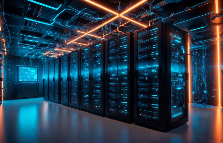 Dedicated server hardware inside a data center showing physical server racks and network infrastructure